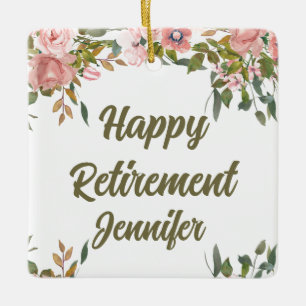 Pink Floral Greenery Rustic Boho Happy Retirement  Ceramic Ornament