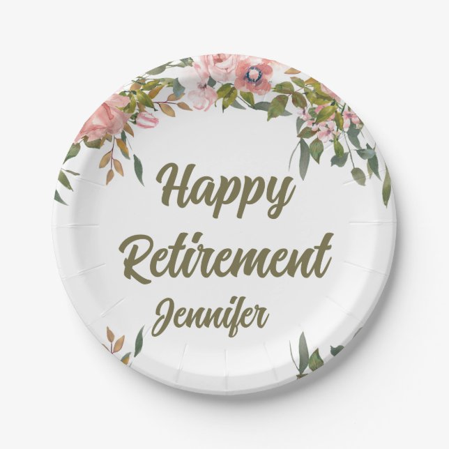 Pink Floral Greenery Rustic Boho Happy Retirement  Paper Plate (Front)
