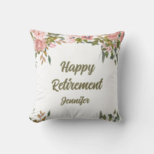 Pink Floral Greenery Rustic Boho Happy Retirement Throw Pillow