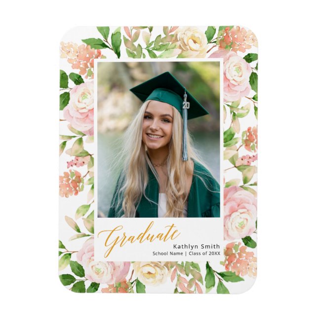 Pink Floral Greenery Script Girl Graduation Photo Magnet (Vertical)
