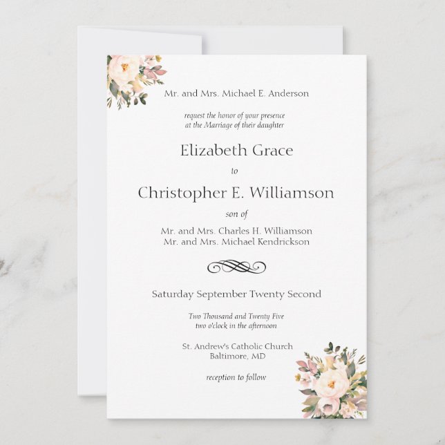 Pink Floral Greenery Traditional Formal Wedding Invitation (Front)