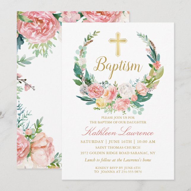 Pink Floral Greenery Wreath Girl Baptism Invitation (Front/Back)