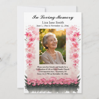 Pink Floral Grey Leaves Celebration of Life  Invitation