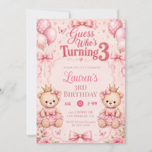 Pink Floral Guess Who’s Turning 3 Birthday Invitation