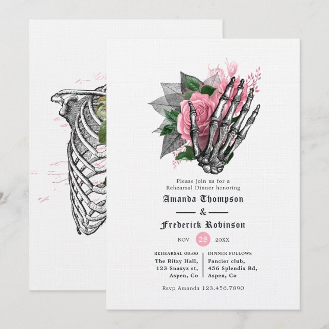 Pink Floral Halloween Gothic Rehearsal Dinner Invitation (Front/Back)