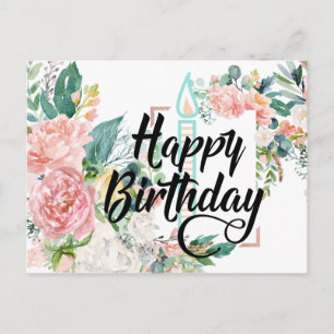 Pink Floral Happy Birthday Postcard