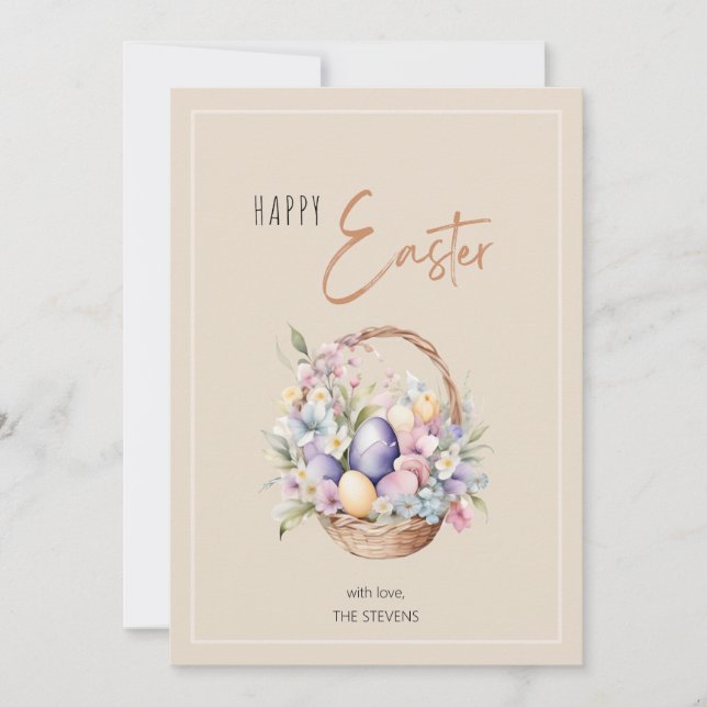 Pink Floral Happy Easter Basket Greetings Holiday Card (Front)