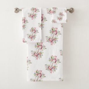 Pink Floral Happy Easter Ribbon Bath Towel Set
