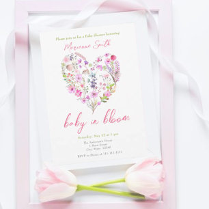 Pink Floral Heart Baby In Bloom Baby Shower Invitation