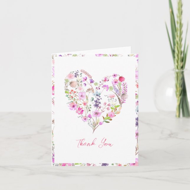 Pink Floral Heart Baby In Bloom Baby Shower Thank You Card (Front)