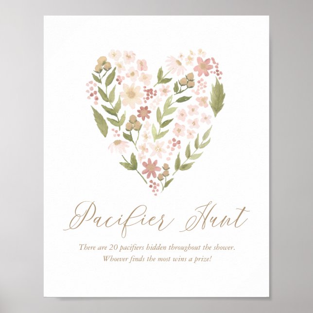 Pink Floral Heart Baby Shower Pacifier Hunt Sign (Front)