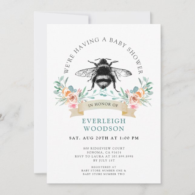 Pink Floral Heart Bee Baby Shower   Invitation (Front)