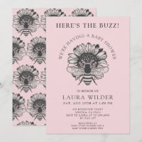 Pink Floral Heart Bee Baby Shower   Invitation