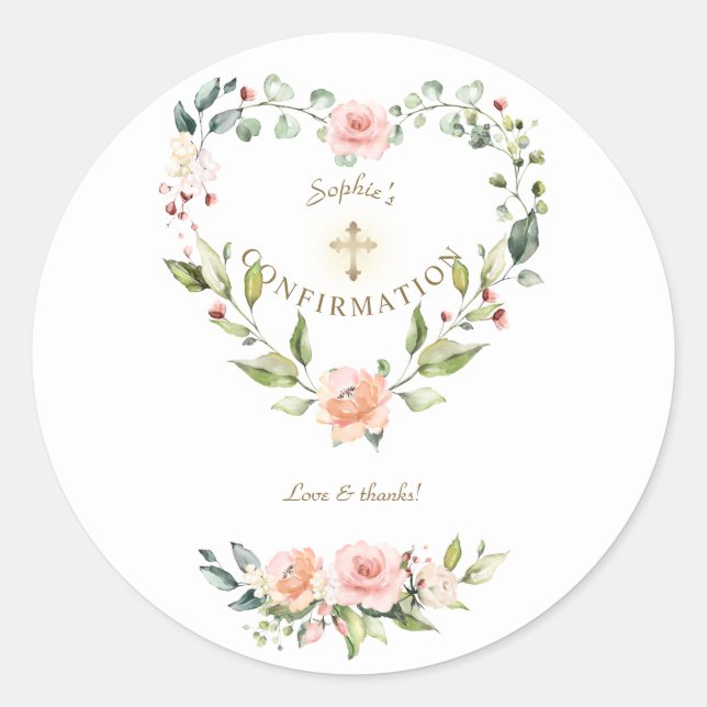 Pink Floral Heart Gold Cross Confirmation Classic Round Sticker (Front)
