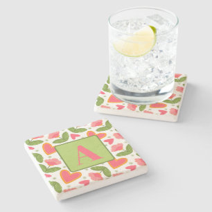 Pink Floral Heart Pattern Pretty Custom Initial Stone Coaster