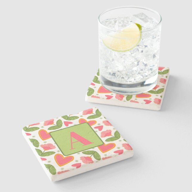 Pink Floral Heart Pattern Pretty Custom Initial  Stone Coaster (Side)