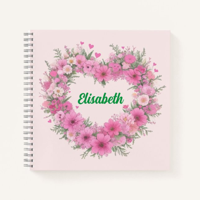 Pink Floral Heart Personalized Notebook (Front)