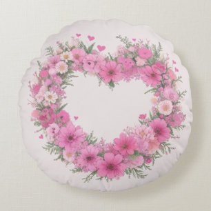 Pink Floral Heart Round Pillow