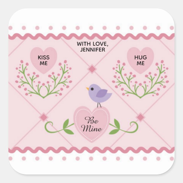 Pink Floral Hearts Be Mine Square Sticker (Front)