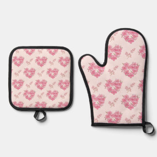 Pink Floral Hearts Oven Mitt & Pot Holder Set
