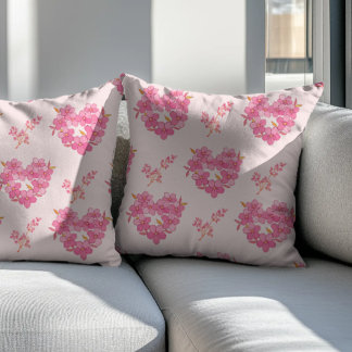 Pink Floral Hearts Pattern Throw Pillow