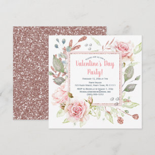 Pink Floral Hearts Valentines Day Party Invitation