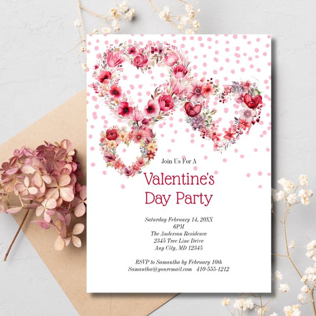 Pink Floral Hearts Valentine's Galentine's Day  Invitation (Pink Red Hearts Flowers Valentine's Galentine's Day party invitation)