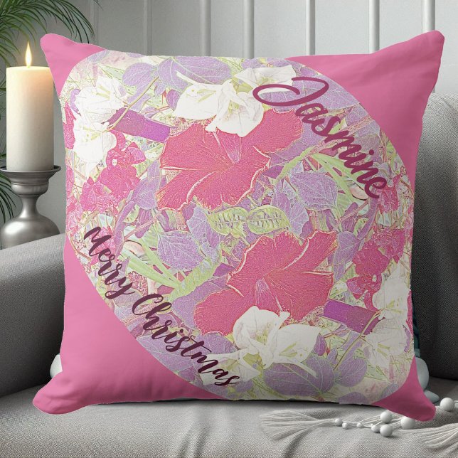 Pink Floral Hibiscus Merry Christmas Garden Cute Throw Pillow (Pink Floral Hibiscus Merry Christmas Garden Cute Throw Pillow)