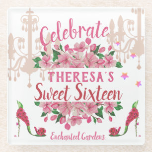 Pink Floral High Heel Shoes Custom Party & Name Al Glass Coaster