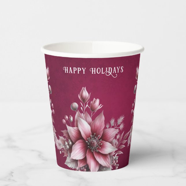 Pink Floral Holiday Paper Cups (Left)