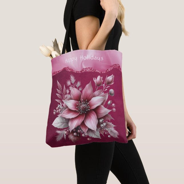 Pink Floral Holiday Tote Bag (Close Up)
