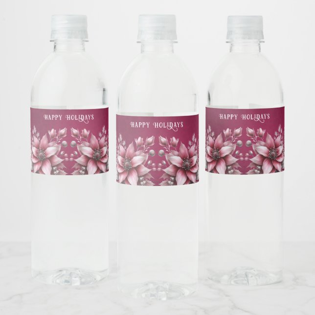 Pink Floral Holiday Water Bottle Label (Bottles)