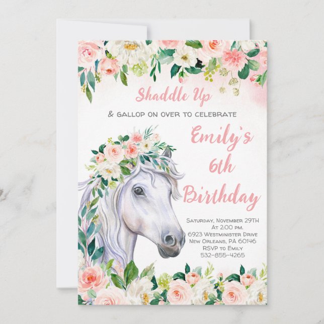 Pink Floral & Horse 6th Birthday Party Invitation (Front)