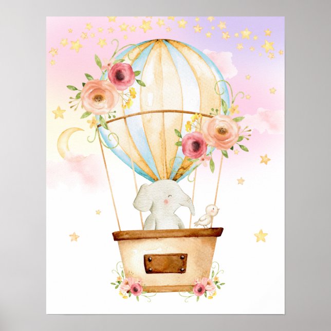 Pink Floral Hot Air Balloon Elephant Adventure Poster (Front)