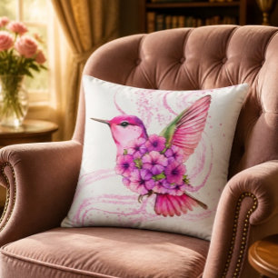 Pink Floral Hummingbird Pillow