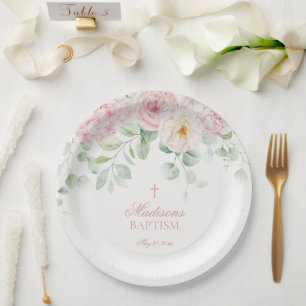 Pink Floral Hydrangea Botanical Blooms Baptism Paper Plate