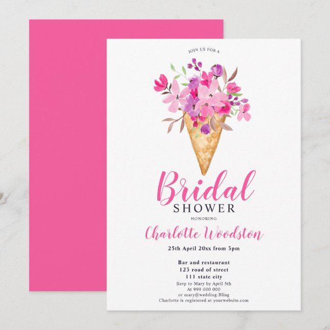 Pink Floral ice cream watercolor bridal shower Invitation (Front/Back)