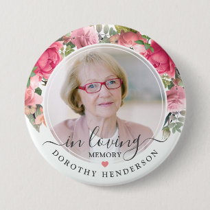 Pink Floral In Loving Memory Photo Memorial 3 Inch Round Button