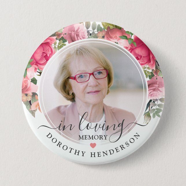 Pink Floral In Loving Memory Photo Memorial 3 Inch Round Button (Front)
