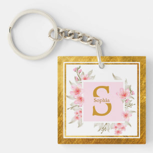 Pink Floral Initial Elegant Blossom Monogram Keychain