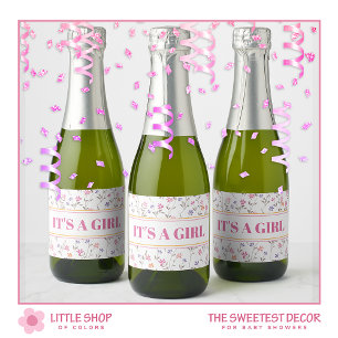 Pink Floral It’s a Girl Baby Shower Sparkling Wine Label