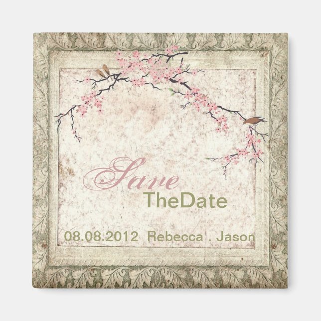 pink floral japanese cherry blossom spring wedding magnet (Front)