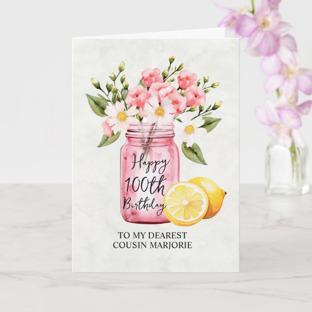Pink Floral Jar Cousin 100th Birthday Greeting Card (Orchid)