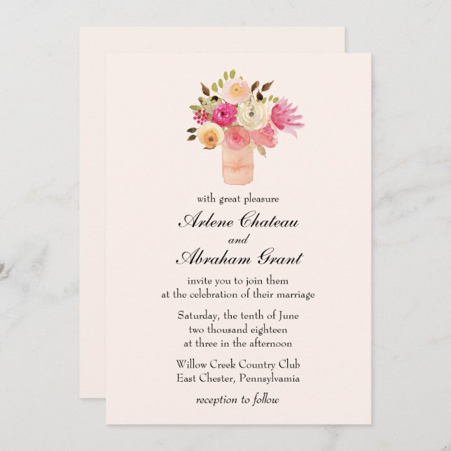 Pink Floral Joy Wedding Invitation (Front/Back)