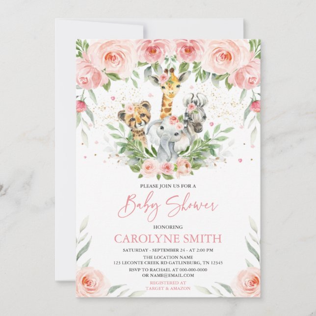Pink Floral Jungle Animals Baby Shower Invitation (Front)