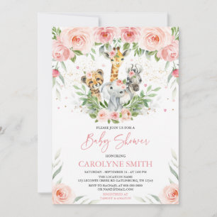 Pink Floral Jungle Animals Baby Shower Invitation
