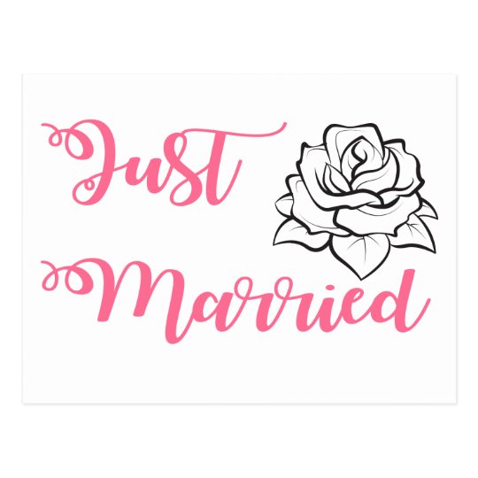 Pink Floral Just Married Black Rose Flower Wedding Postcard