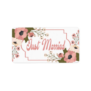Pink Floral Just Married Wedding Announcement Label