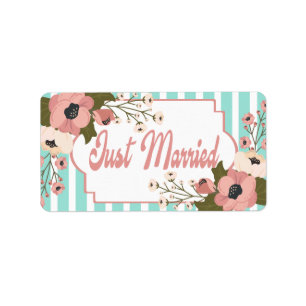 Pink Floral Just Married Wedding Blue Mint Stripes Label
