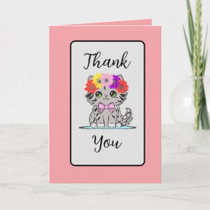 Pink Floral Kitty Folded Thank You Card